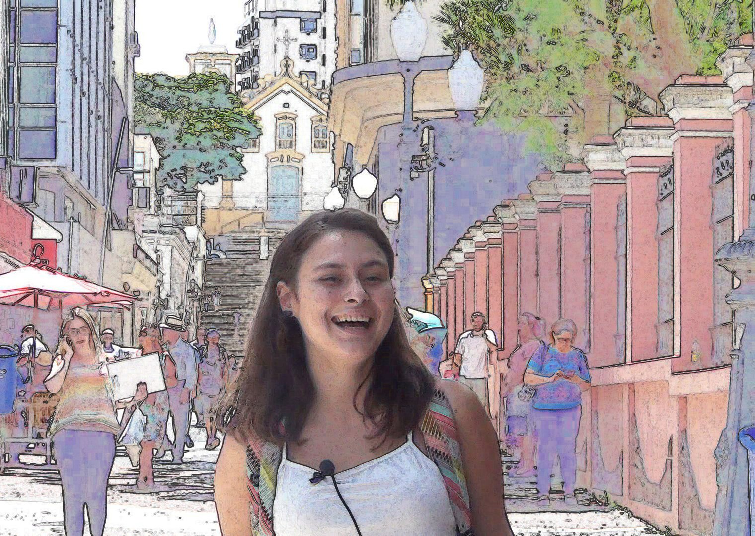 Desterrados postcard front: an edited, hand-drawn-style frame of a young woman laughing on a street in central Florianópolis
