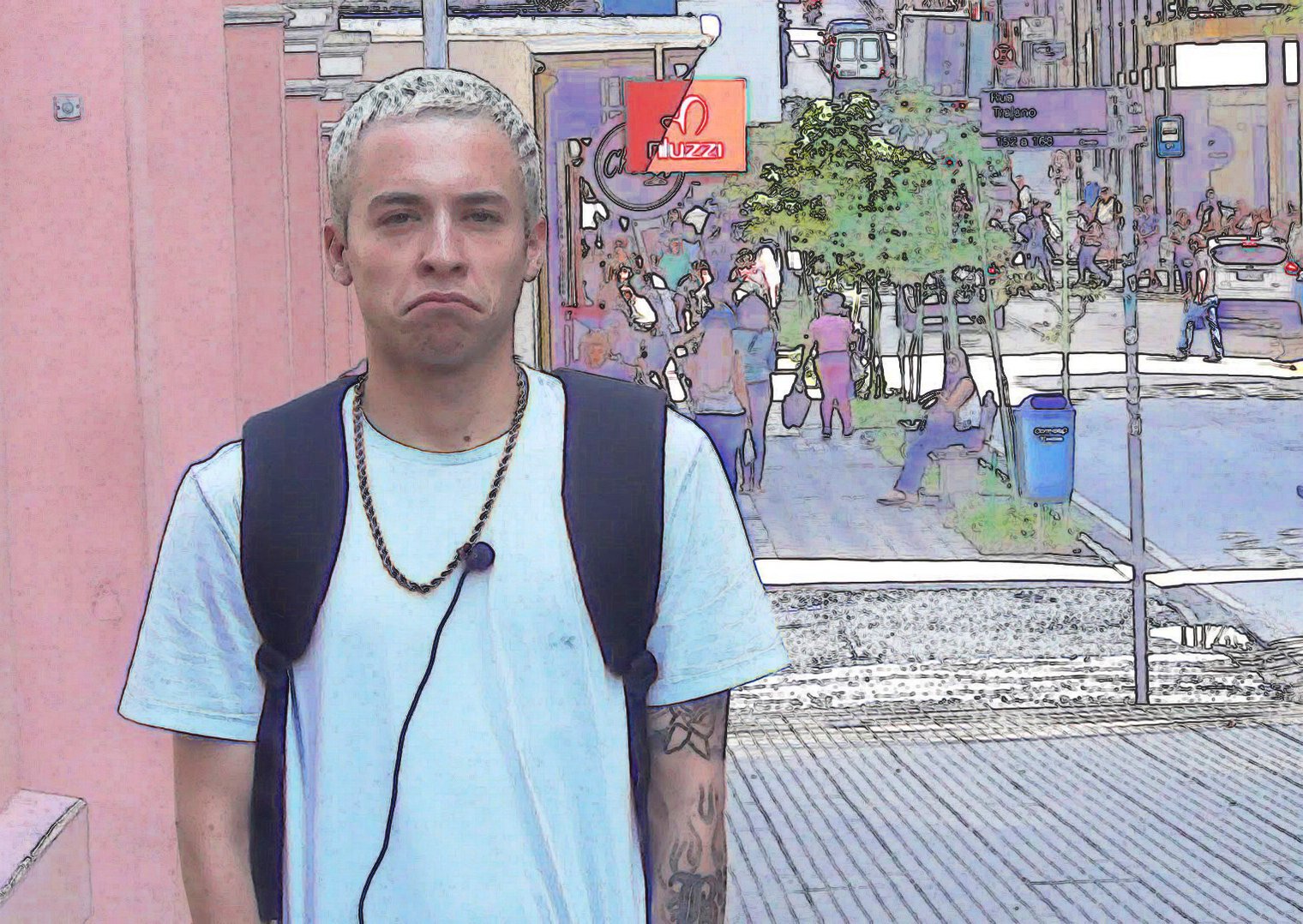 Desterrados postcard front: an edited, hand-drawn-style frame of a young man with a backpack on a street in central Florianópolis